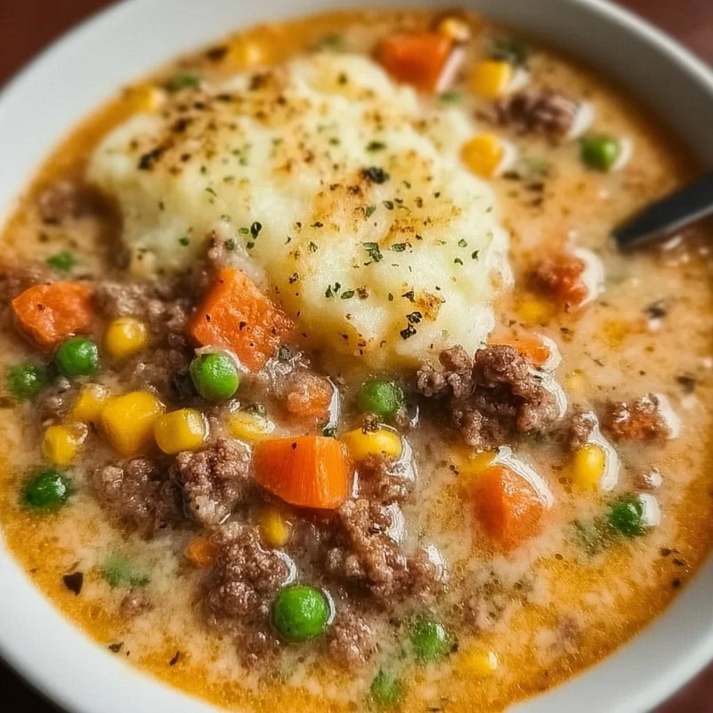 Delicious Shepherd's Pie Soup in a bowl garnished with herbs
