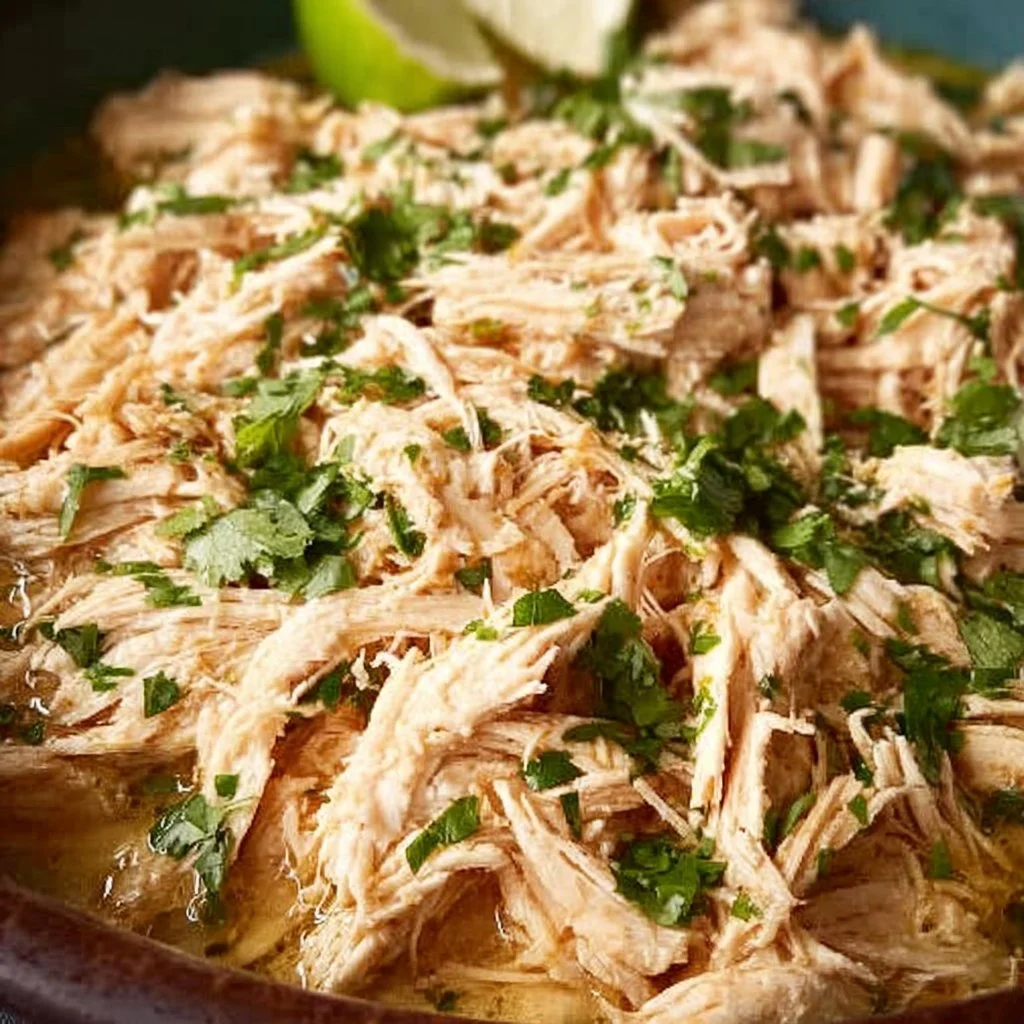 Delicious shredded slow cooker cilantro lime chicken served in a bowl.