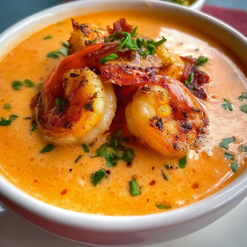 A bowl of creamy shrimp bisque garnished with herbs and served with crusty bread.