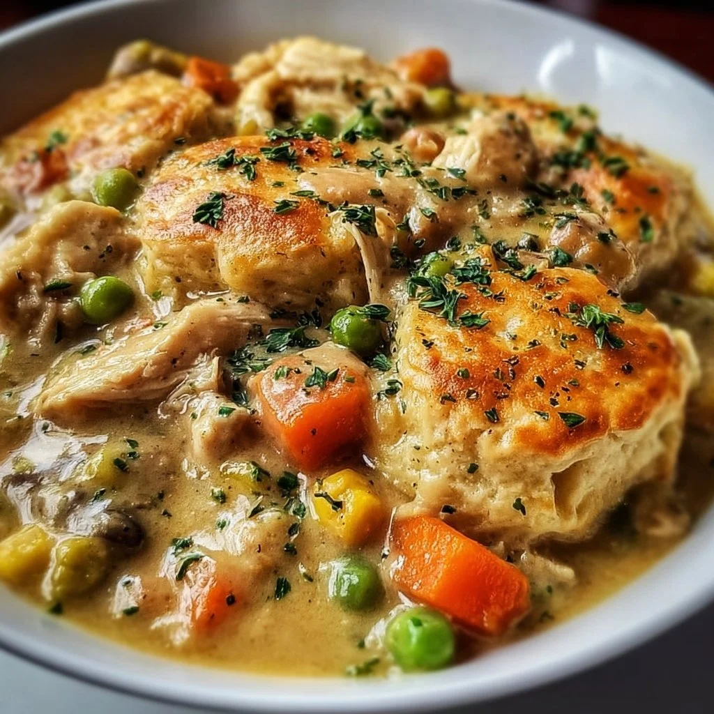Delicious slow cooker chicken pot pie with a golden crust and vegetables