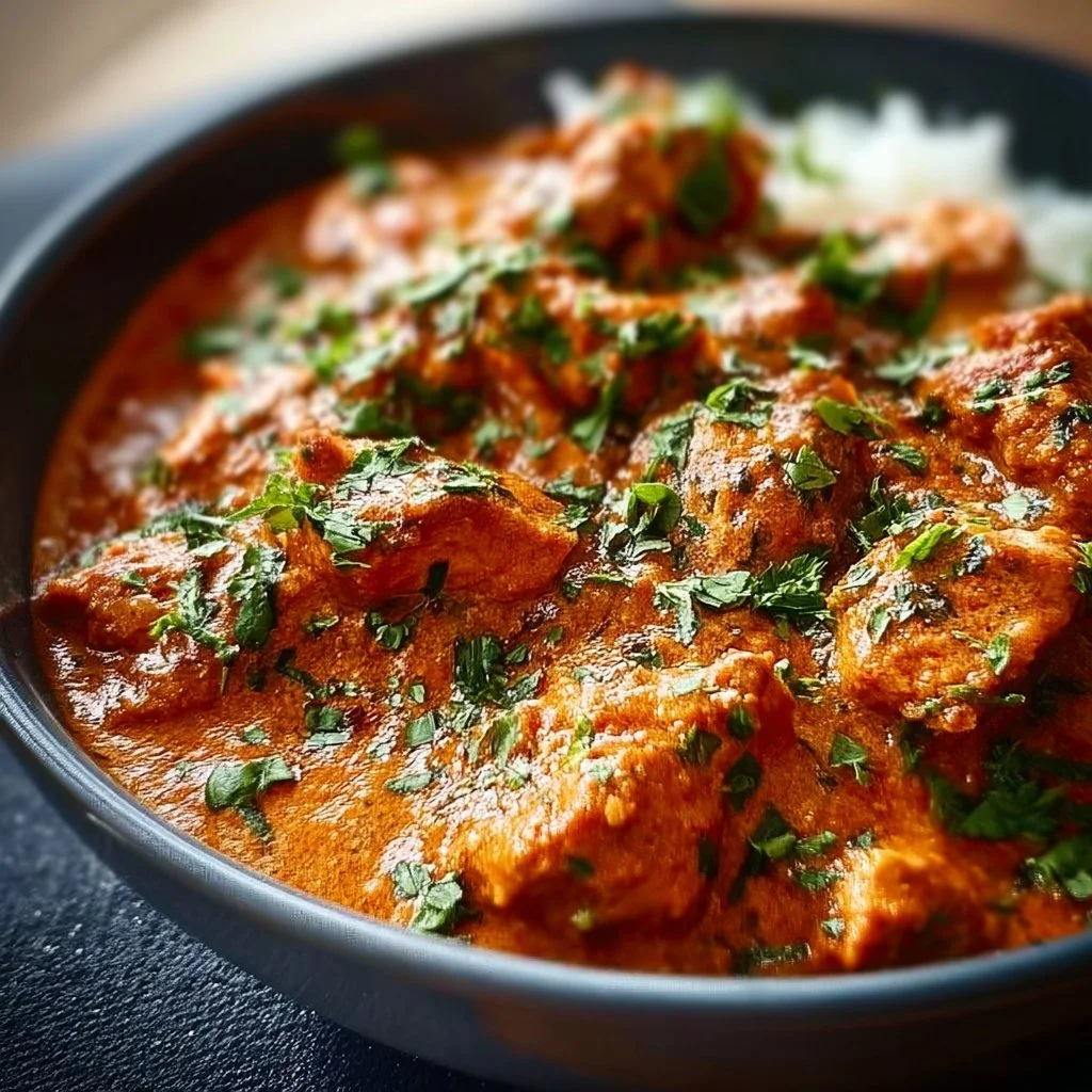 A bowl of slow cooker chicken tikka masala garnished with cilantro.