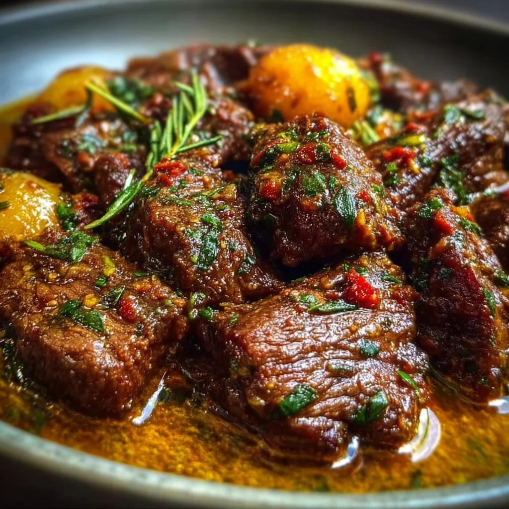 Slow Cooker Garlic Butter Beef with herbs and spices in a serving bowl