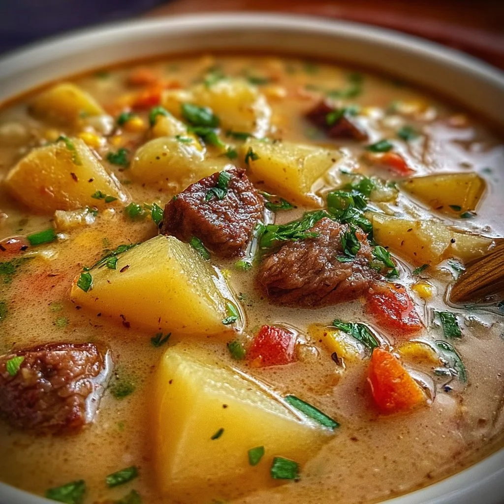 Bowl of Slow Cooker Savory Potato and Beef Soup Delight with fresh ingredients.