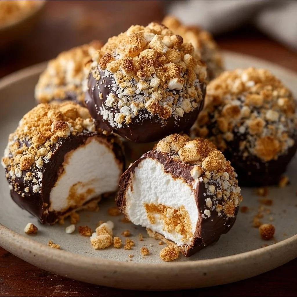 Delicious S'mores marshmallow truffles with chocolate and graham cracker topping