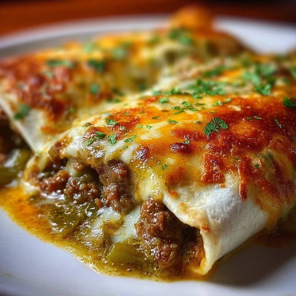 Smothered green chili burritos topped with flavorful sauce and garnished.