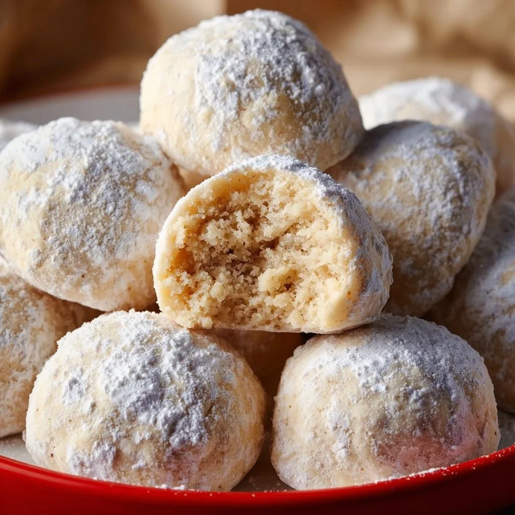 Soft homemade snowball cookies dusted with powdered sugar on a plate