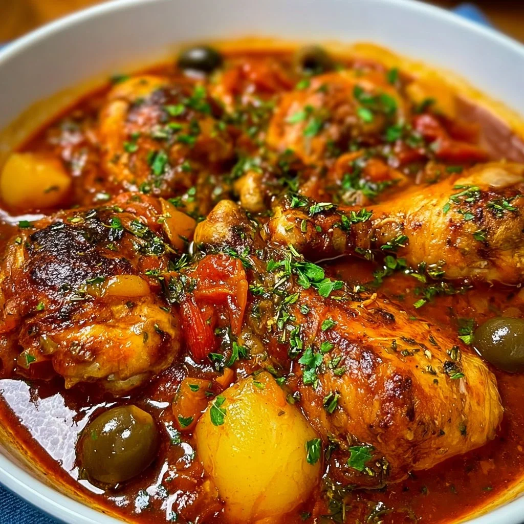 Spanish chicken drumsticks stew with vegetables and herbs in a bowl