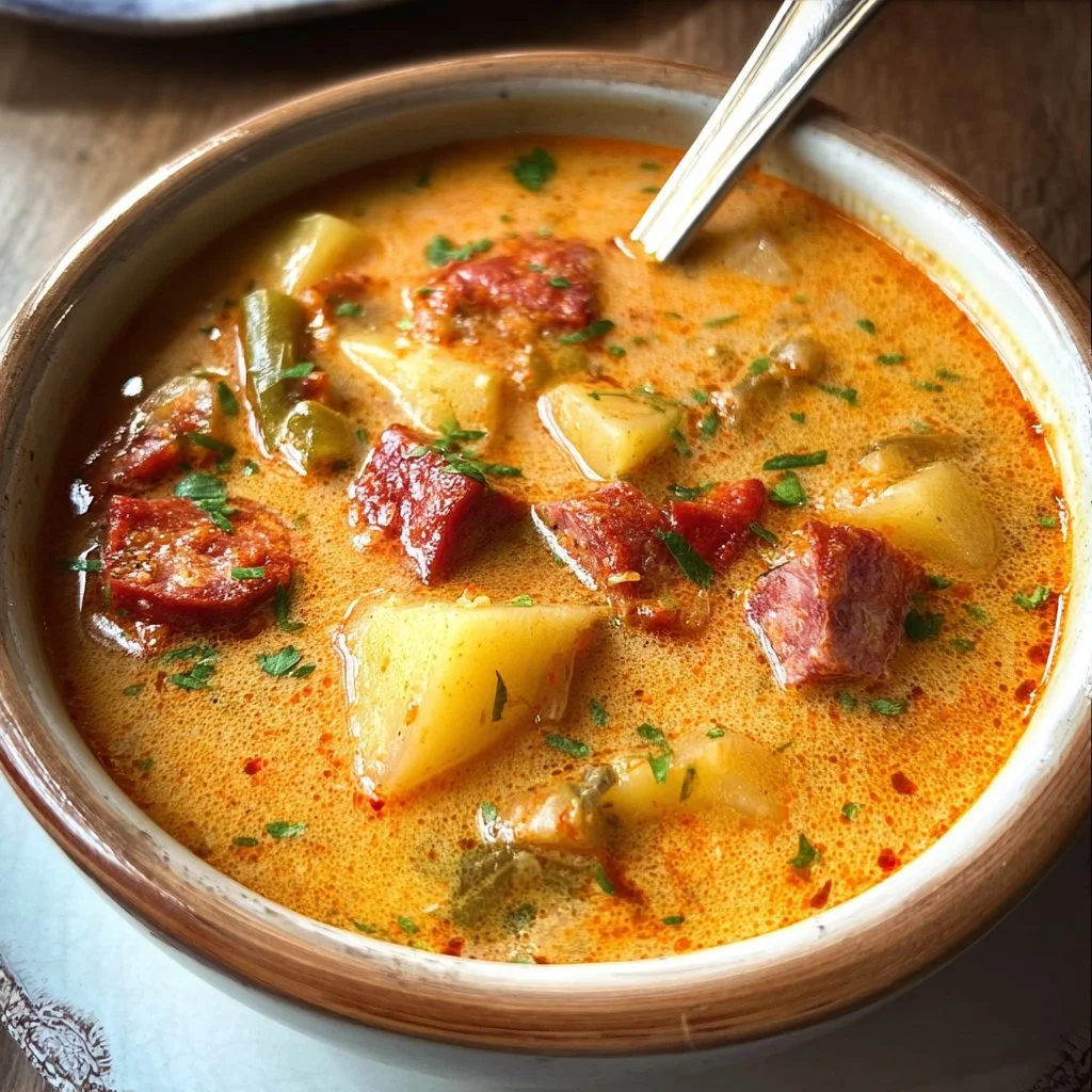 A bowl of Spanish Potato Soup with Chorizo garnished with herbs