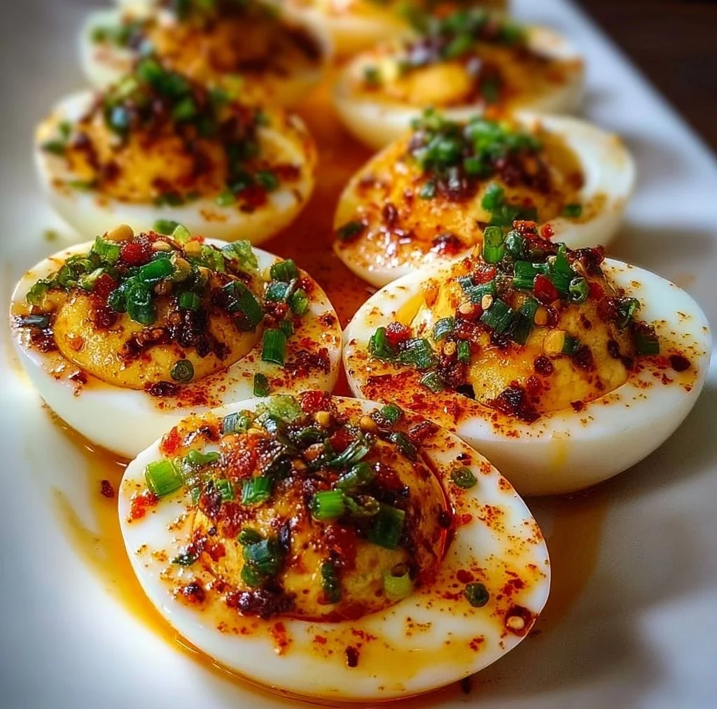 Delicious spicy chili garlic deviled eggs garnished with fresh herbs.