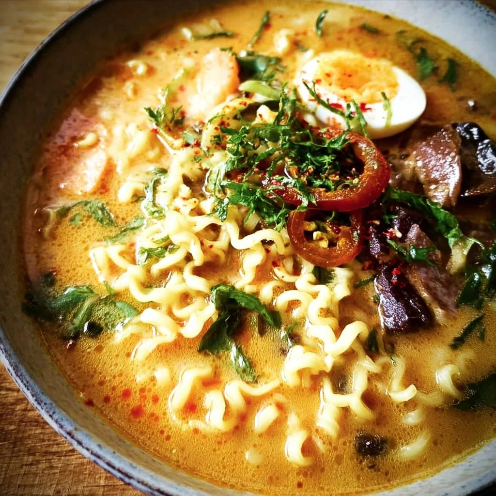 A bowl of spicy coconut curry ramen with vibrant vegetables and herbs.