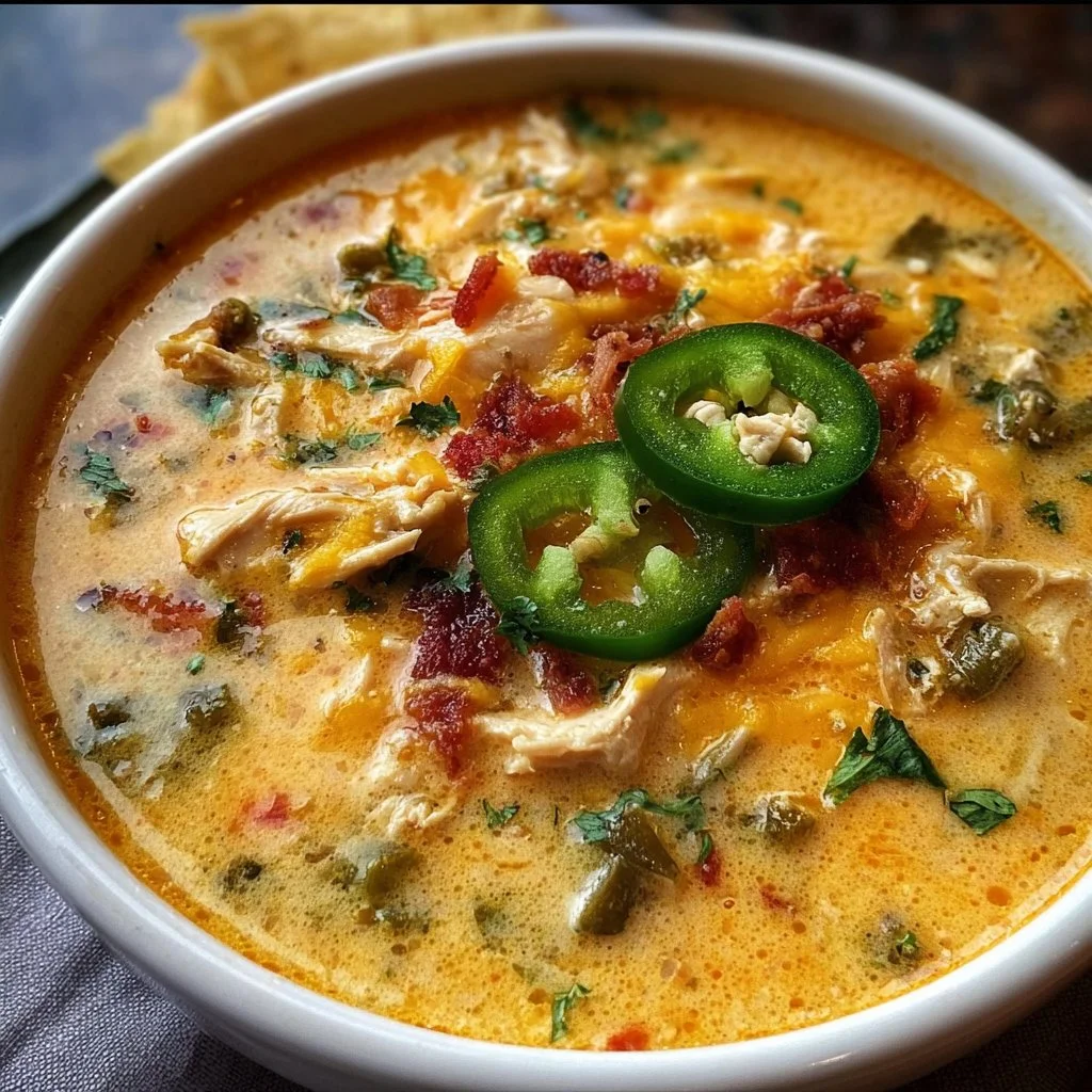 Bowl of spicy jalapeño popper chicken soup garnished with cheese and jalapeños.