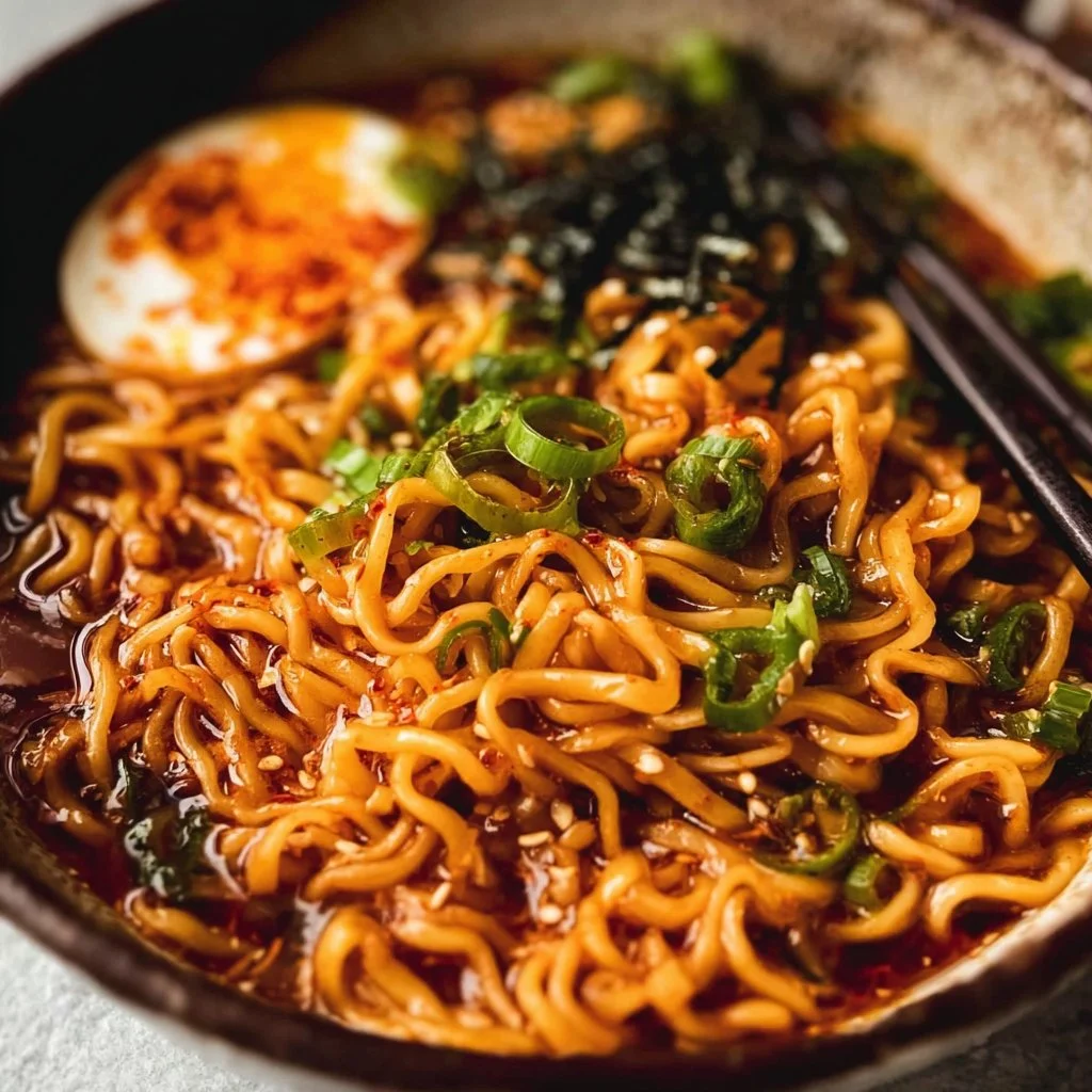 Bowl of spicy ramen noodles topped with fresh vegetables and egg