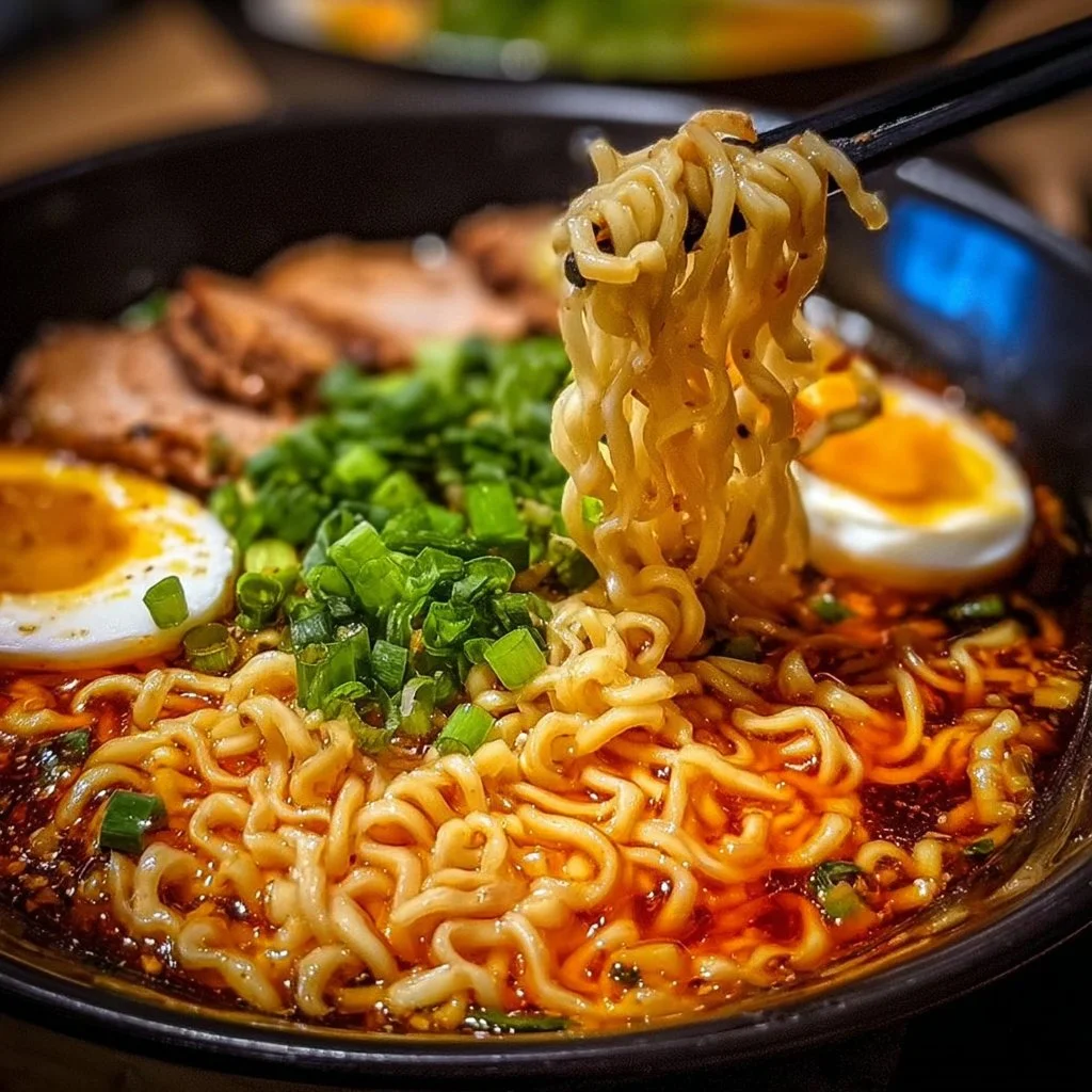 Spicy ramen noodles served in a bowl with colorful toppings and broth