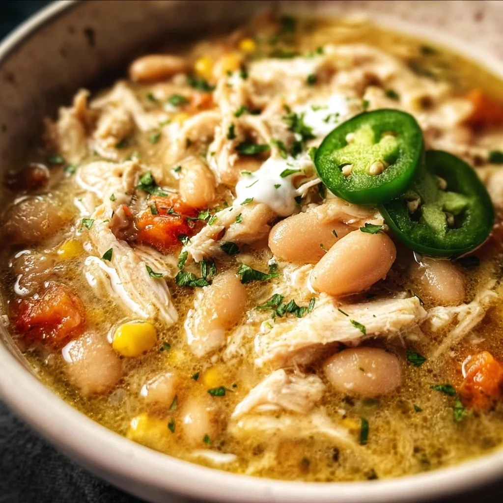Bowl of spicy white chicken chili topped with cilantro and jalapeños