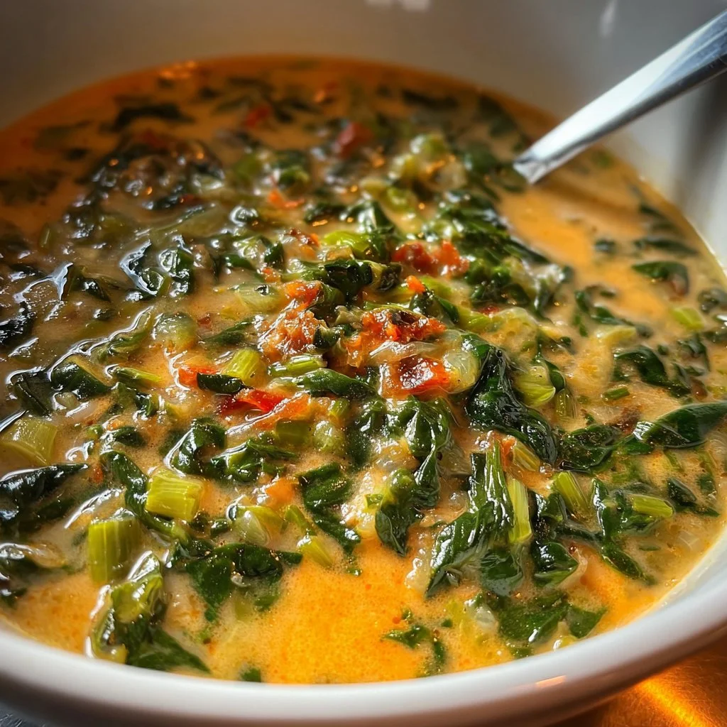 Bowl of homemade spinach soup garnished with fresh herbs and cream