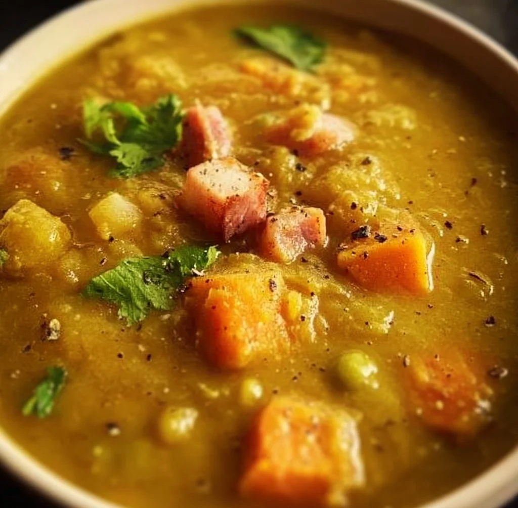 A bowl of delicious split pea soup garnished with herbs and served with bread.
