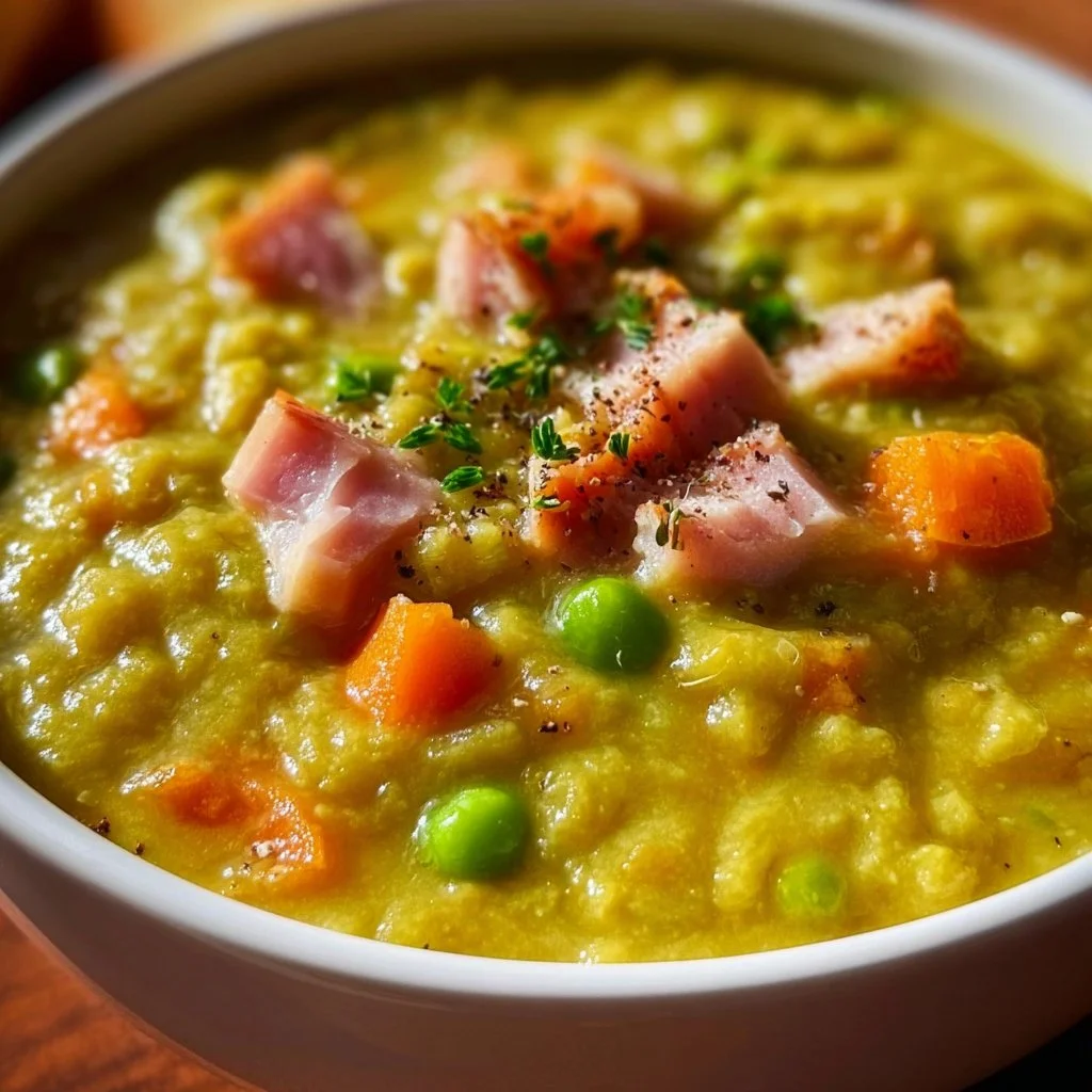 Bowl of split pea soup with ham garnished with herbs