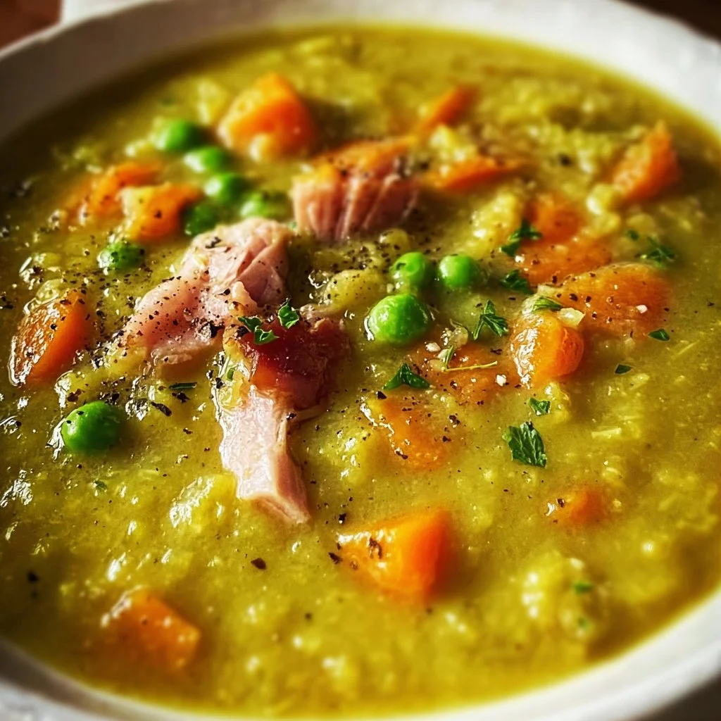Bowl of split pea soup with ham bone garnished with fresh herbs