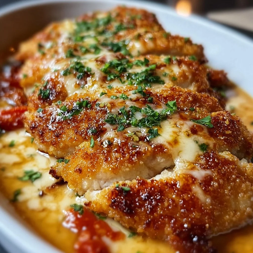 Delicious Steakhouse Parmesan Chicken topped with melted cheese and herbs