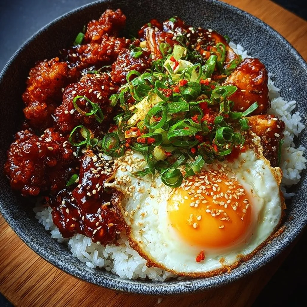 Sticky Korean Fried Chicken served with rice in a delicious bowl.