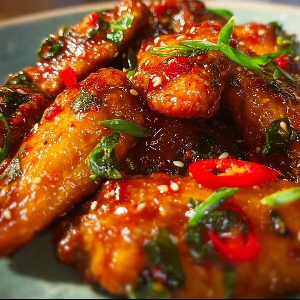 Delicious sticky Thai sweet chili chicken wings garnished with sesame seeds