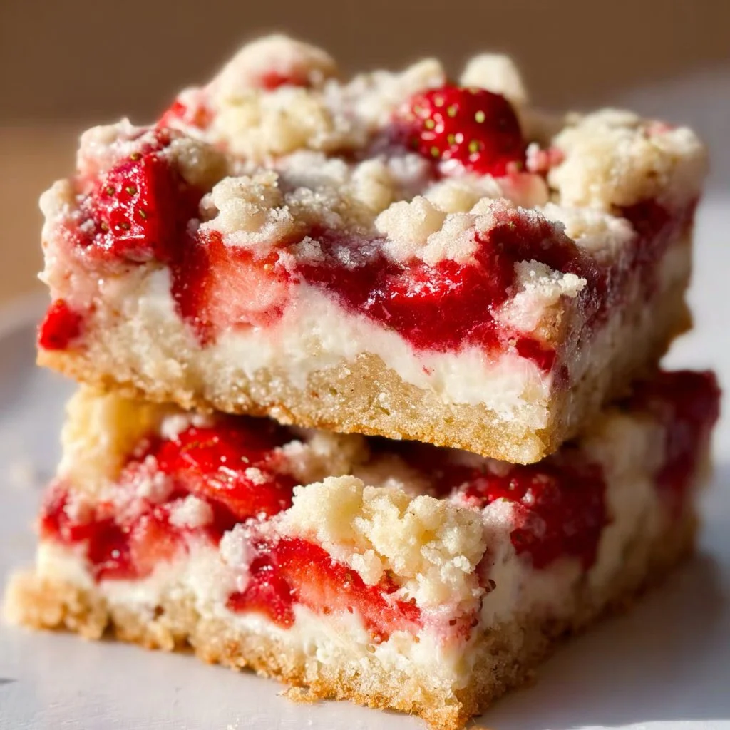 Delicious Strawberries and Cream Cheese Crumble Bars on a rustic wooden table