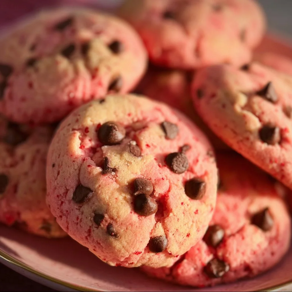 Freshly baked strawberry cake mix chocolate chip cookies on a plate