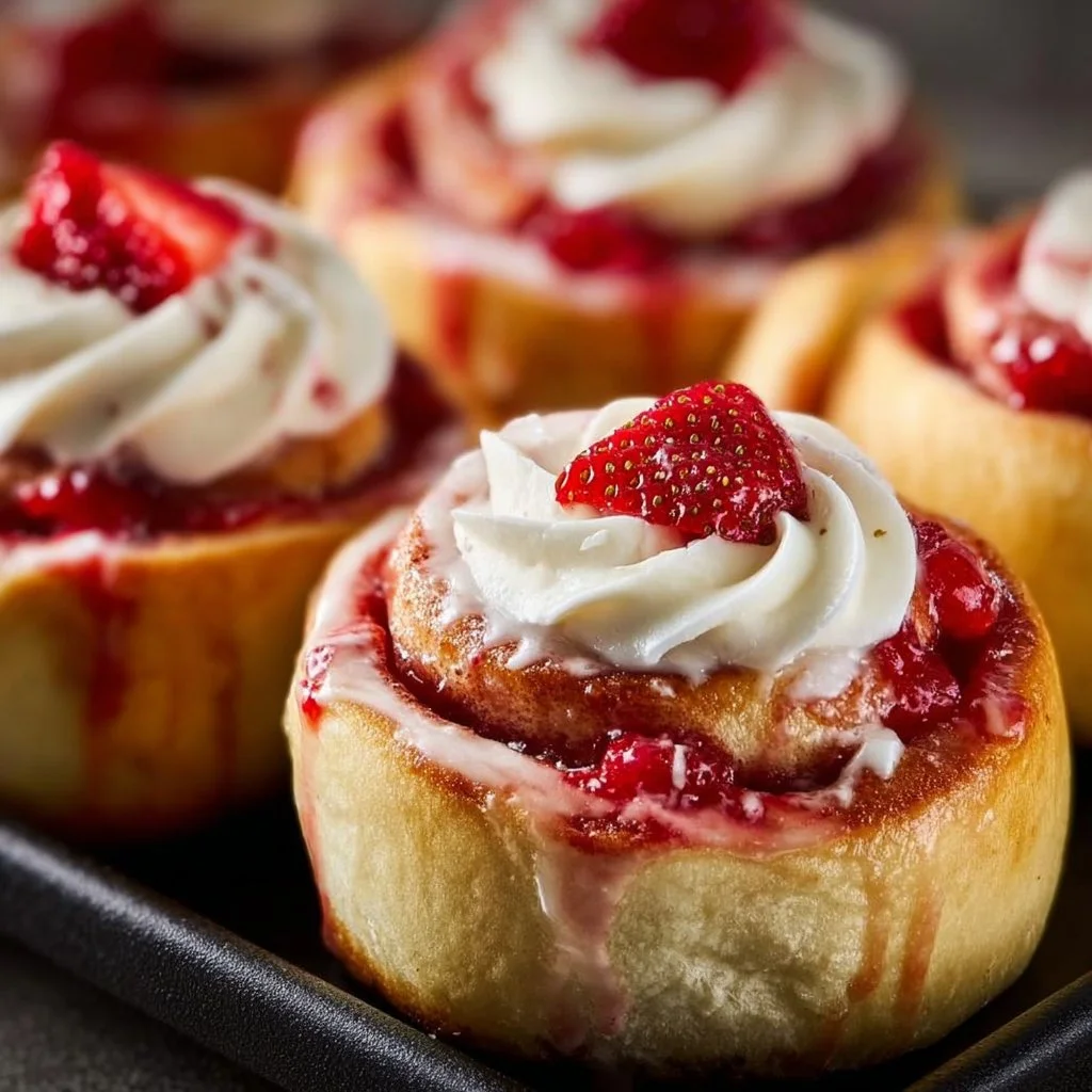 Delicious Strawberry Cheesecake Cinnabon Rolls topped with cream cheese frosting