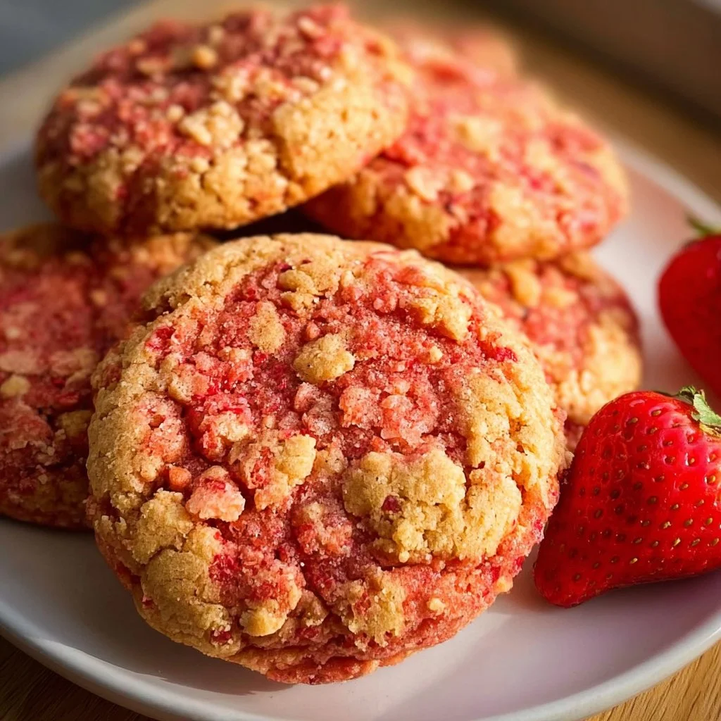 Freshly baked strawberry crunch cookies topped with strawberry crumbs.