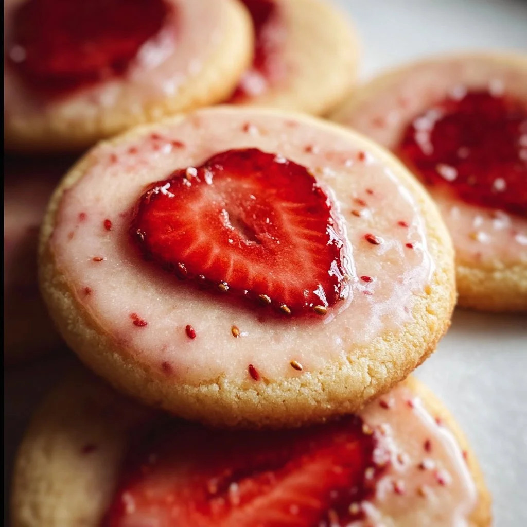 Delicious strawberry shortbread cookies on a plate with fresh strawberries.