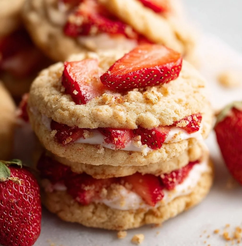 Strawberry Shortcake Cookies with fresh strawberries and whipped cream