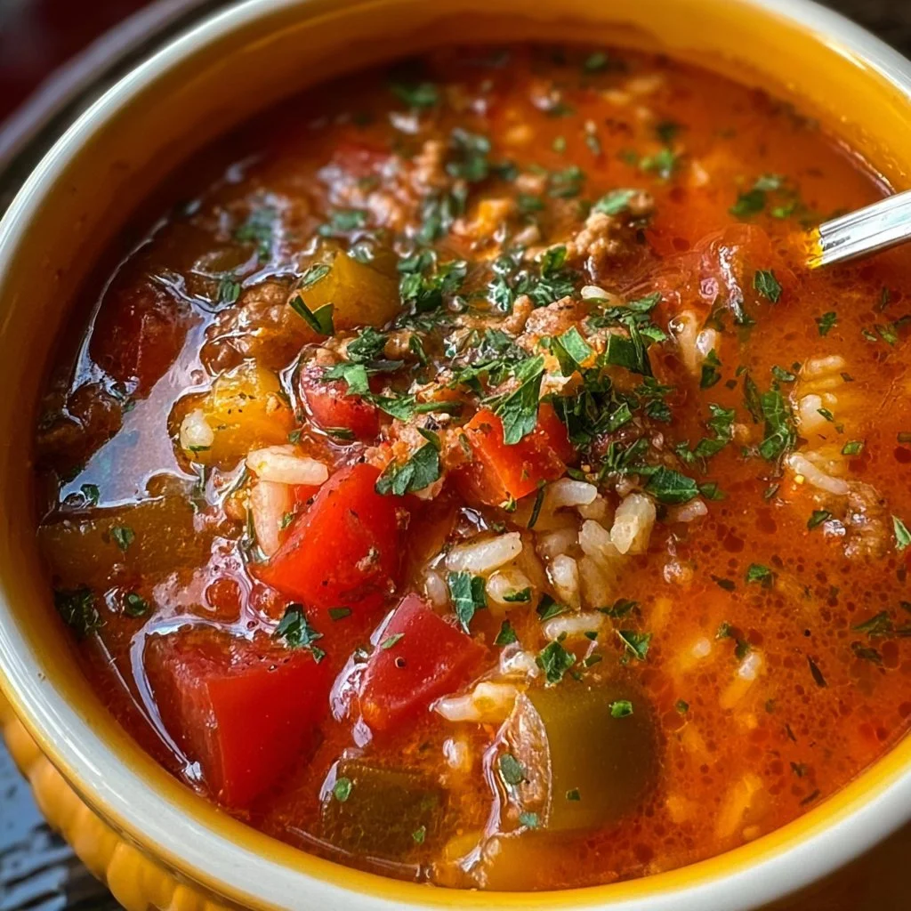 A bowl of hearty stuffed pepper soup garnished with fresh herbs.