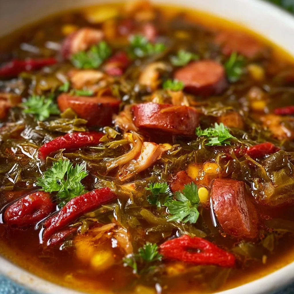 Bowl of swamp soup with vegetables and herbs garnished on top