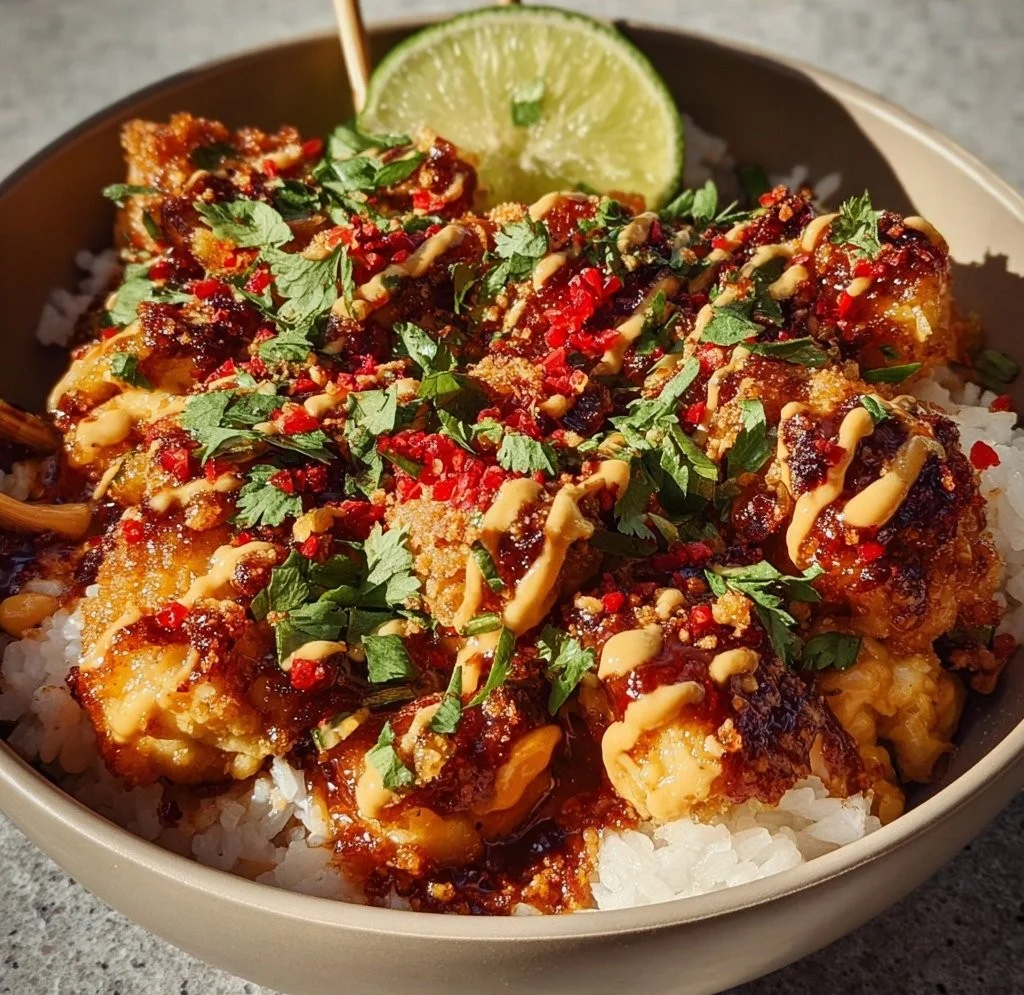 Sweet Chili Chicken Bowl topped with Coconut Lime Sauce