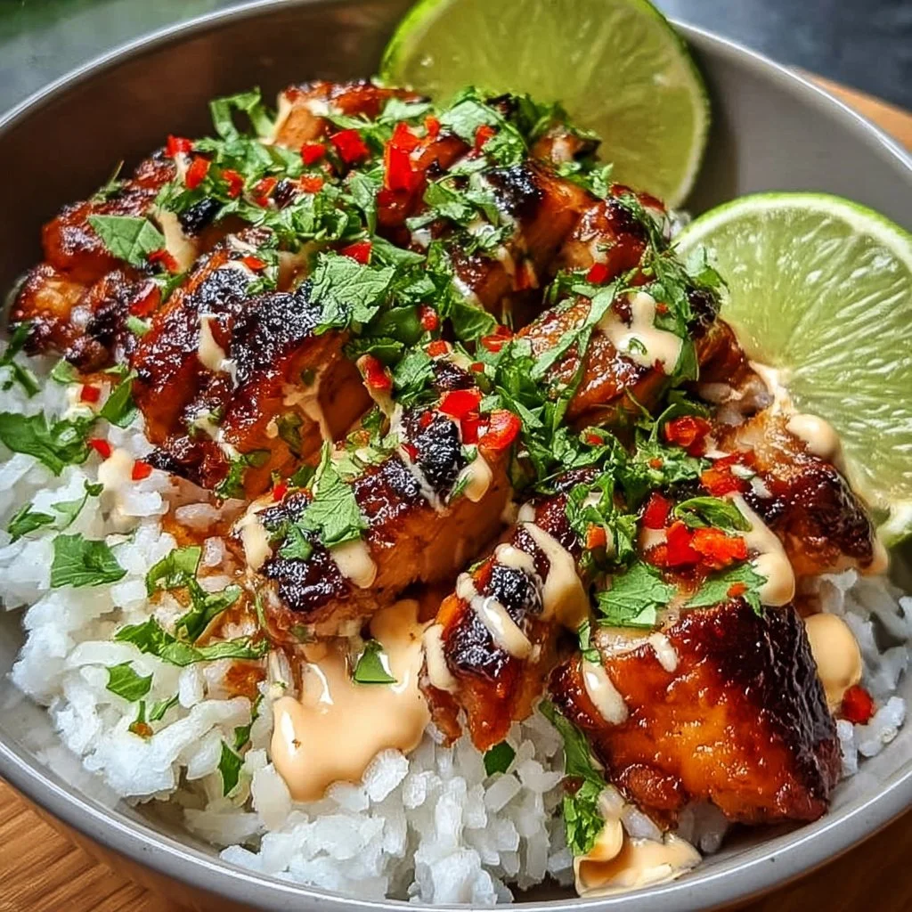 Sweet Chili Chicken Bowl topped with coconut lime drizzle served in a colorful dish