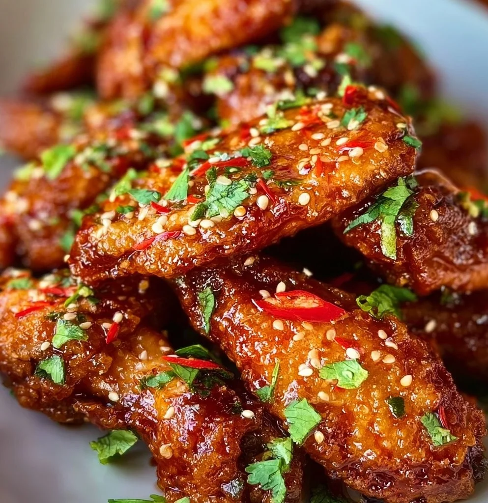Plate of sweet chili chicken wings garnished with herbs.