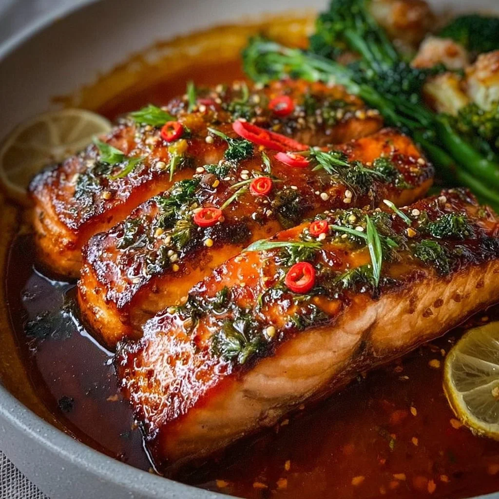 Delicious sweet chilli salmon on a plate garnished with herbs and served with sides.