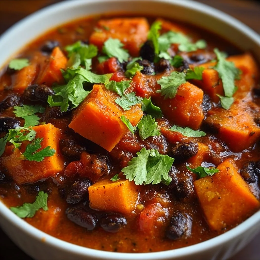 Sweet potato and black bean chili in a bowl, garnished with cilantro.