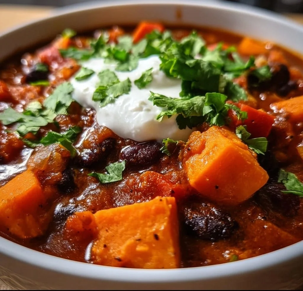 Bowl of hearty sweet potato chili topped with herbs and served with cornbread