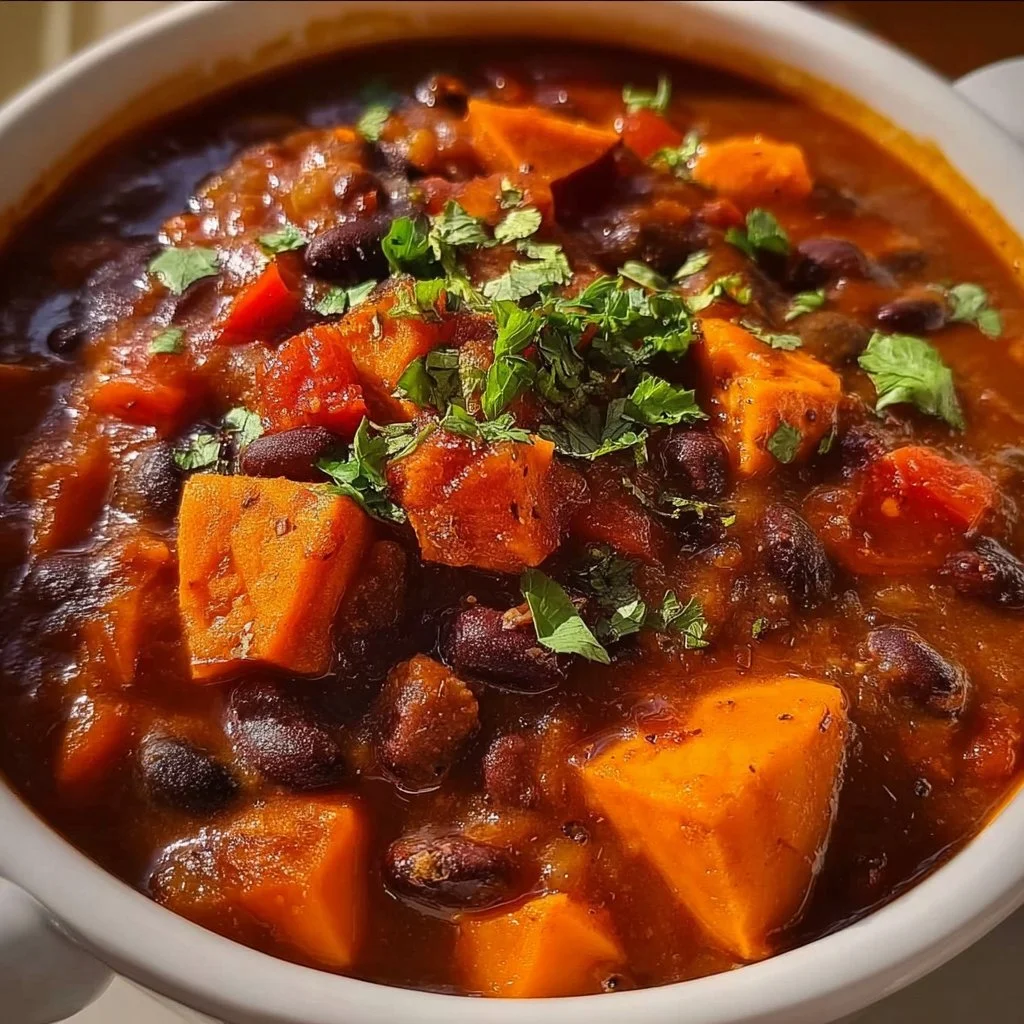 Bowl of Sweet Potato Chili topped with cilantro and served with bread