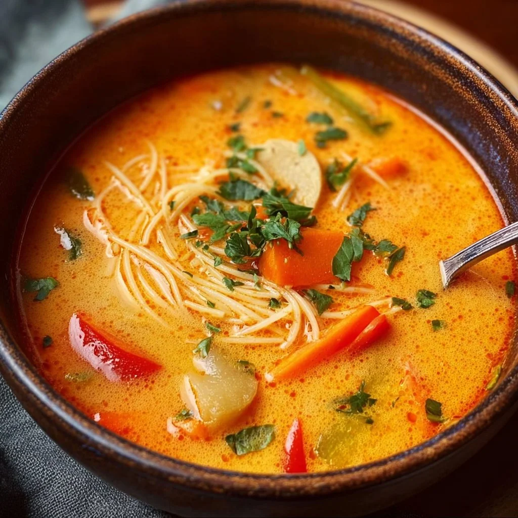 Bowl of Thai Coconut Curry Soup garnished with herbs and spices