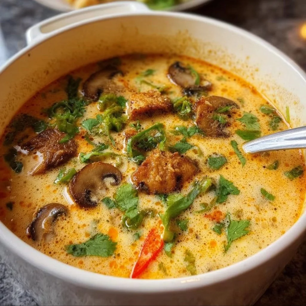 Bowl of Vegan Thai Coconut Soup with fresh garnish on a wooden table