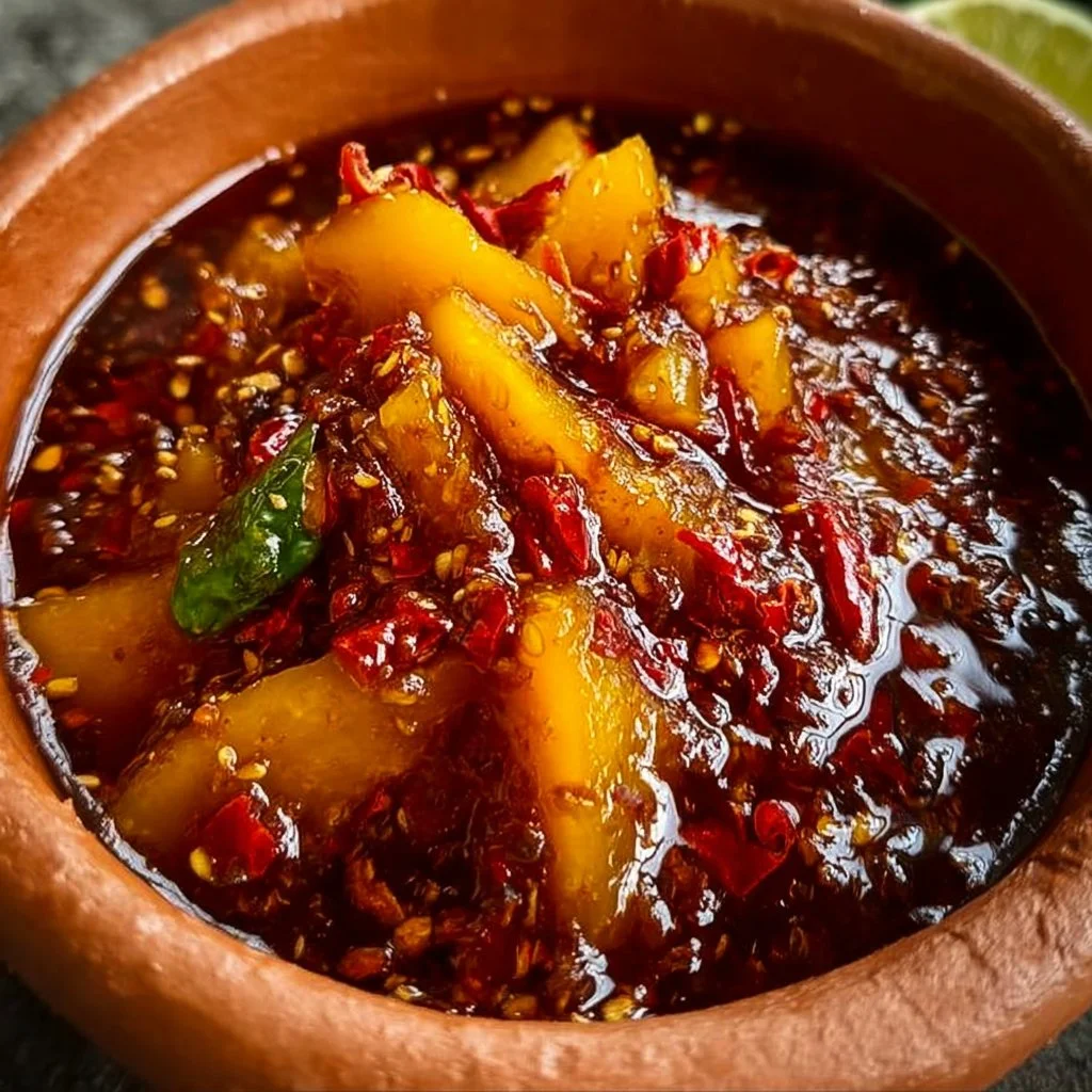 Homemade Thai mango dipping sauce with fresh mango and herbs