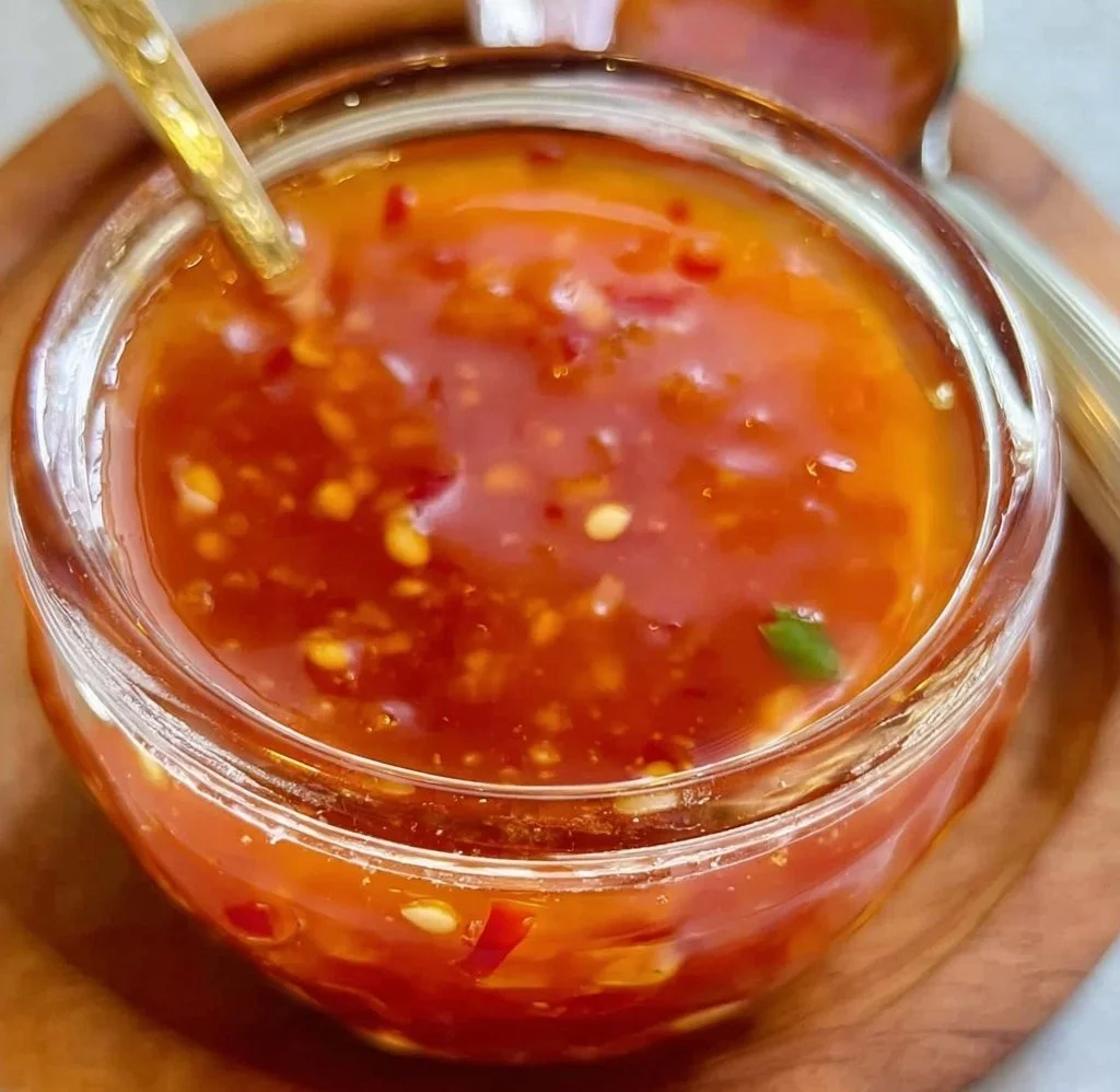 Homemade Thai sweet chili sauce in a jar with fresh ingredients