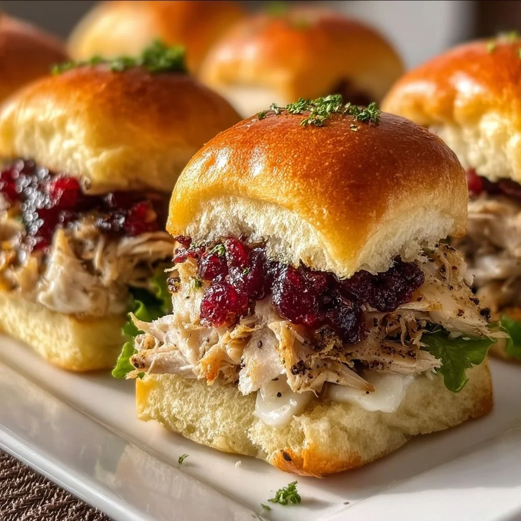 Thanksgiving leftover turkey cranberry sliders served on a platter