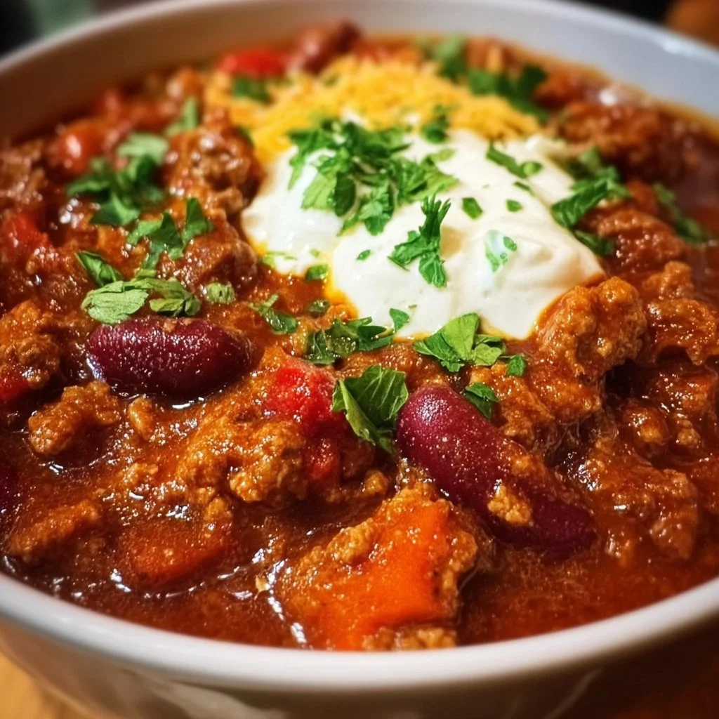 A bowl of The Pioneer Woman's hearty chili topped with fresh herbs.