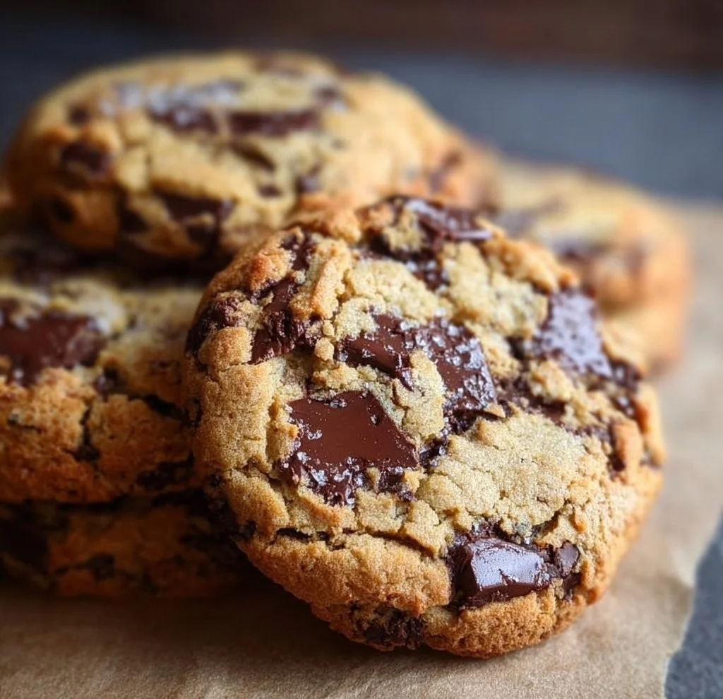 Thick chewy chocolate chip cookies stacked on a cooling rack