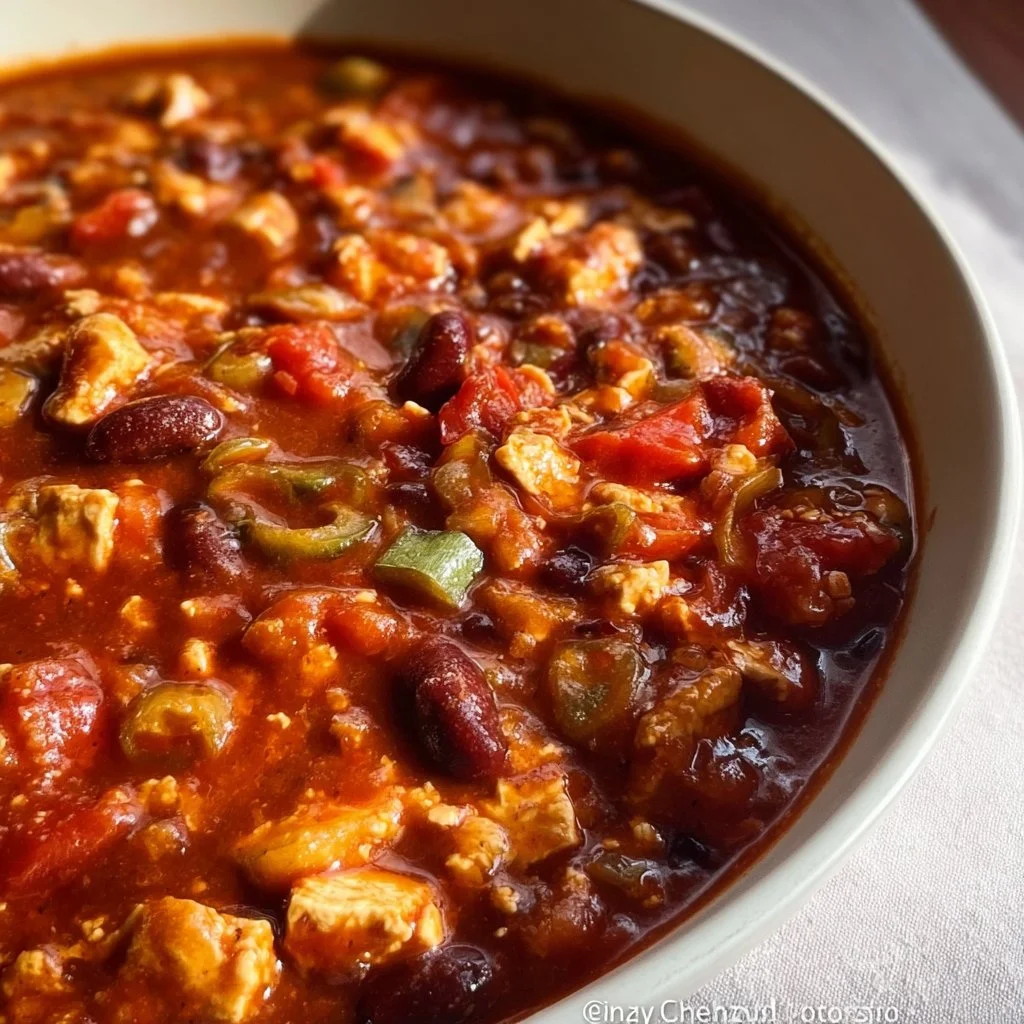 Bowl of hearty tofu chili topped with fresh herbs and spices.