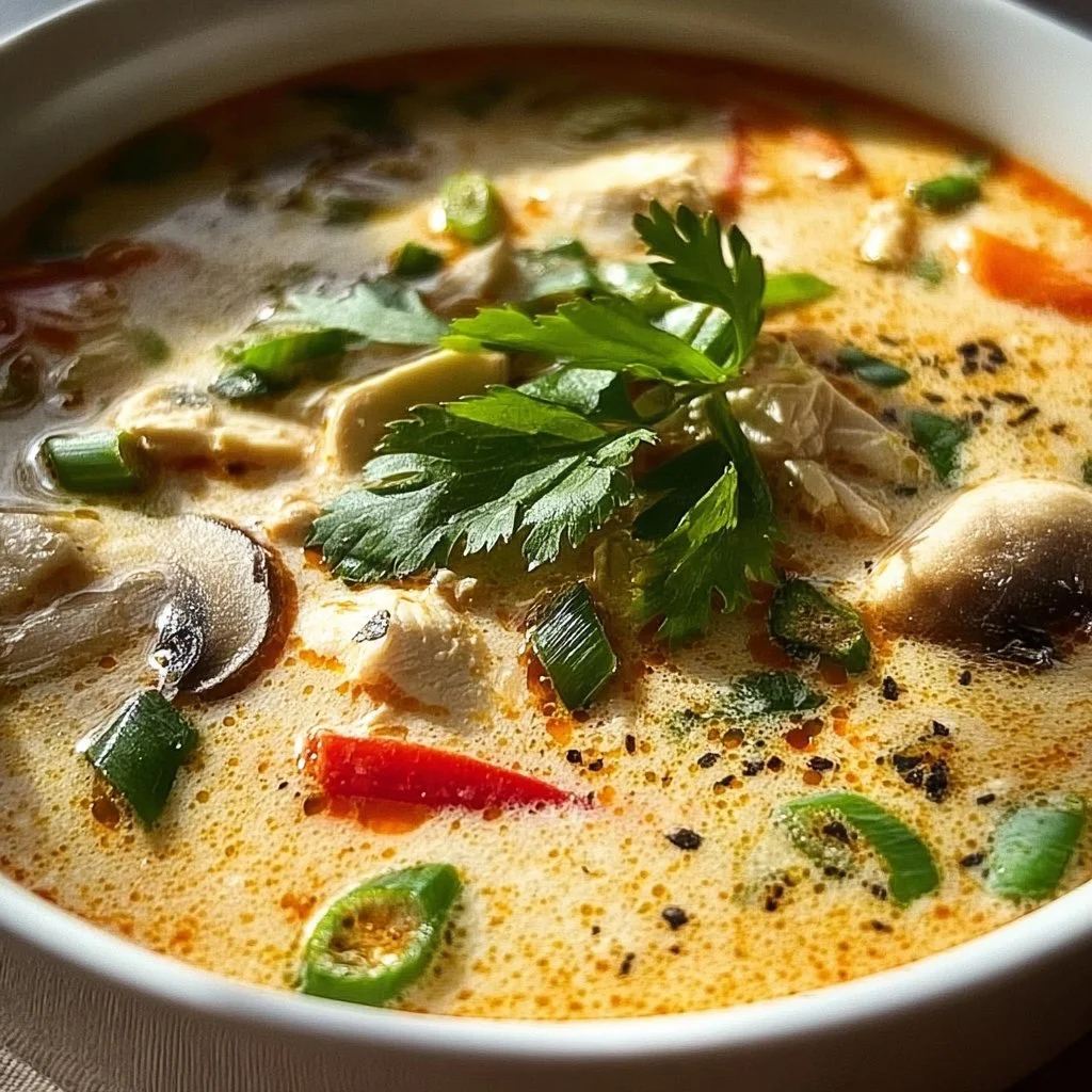Bowl of Tom Kha Gai soup with chicken and herbs