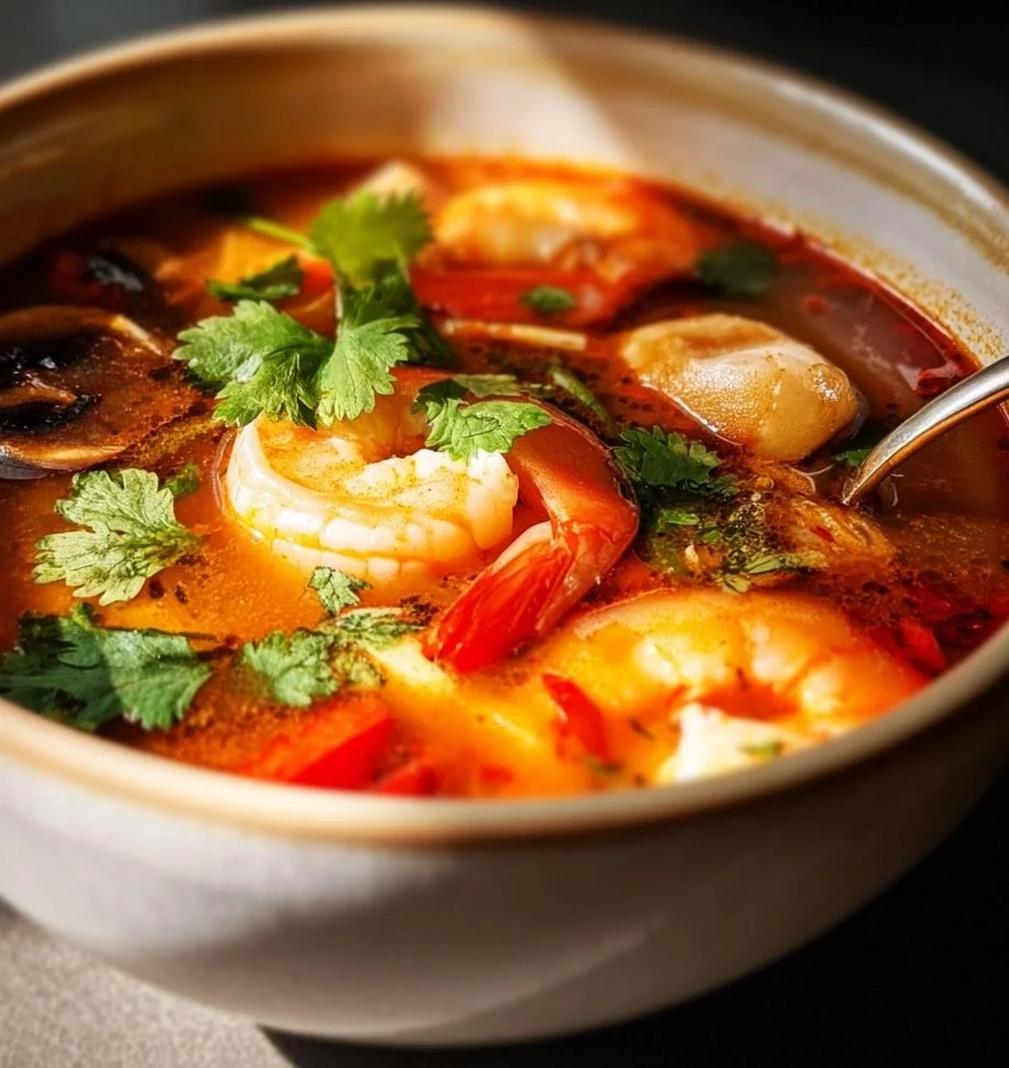 Bowl of flavorful Tom Yum Soup with shrimp, herbs, and spices